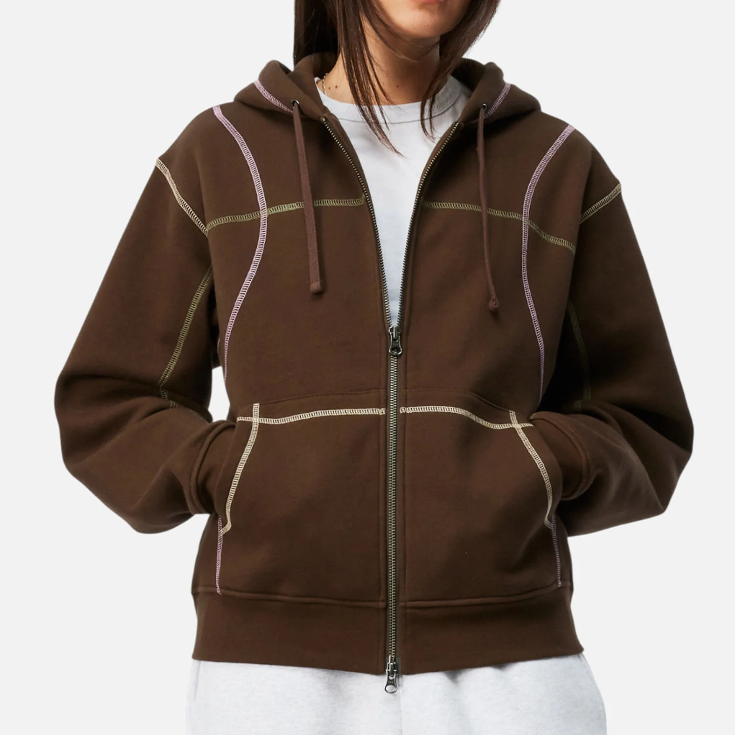 Dime MTL - Court Zip Hooded Sweatshirt - Brown / Multi - Image 5