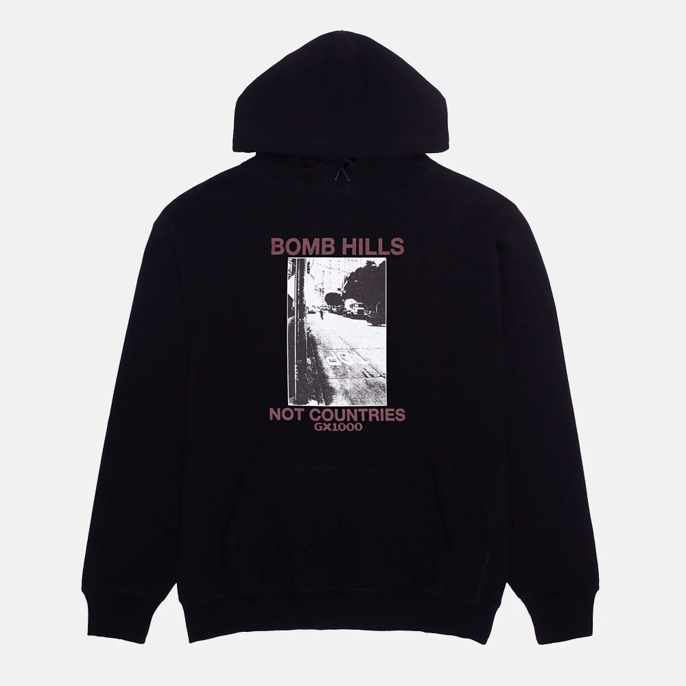 GX1000 - Bomb Hills Not Countries Pullover Hooded Sweatshirt - Black / Burgundy