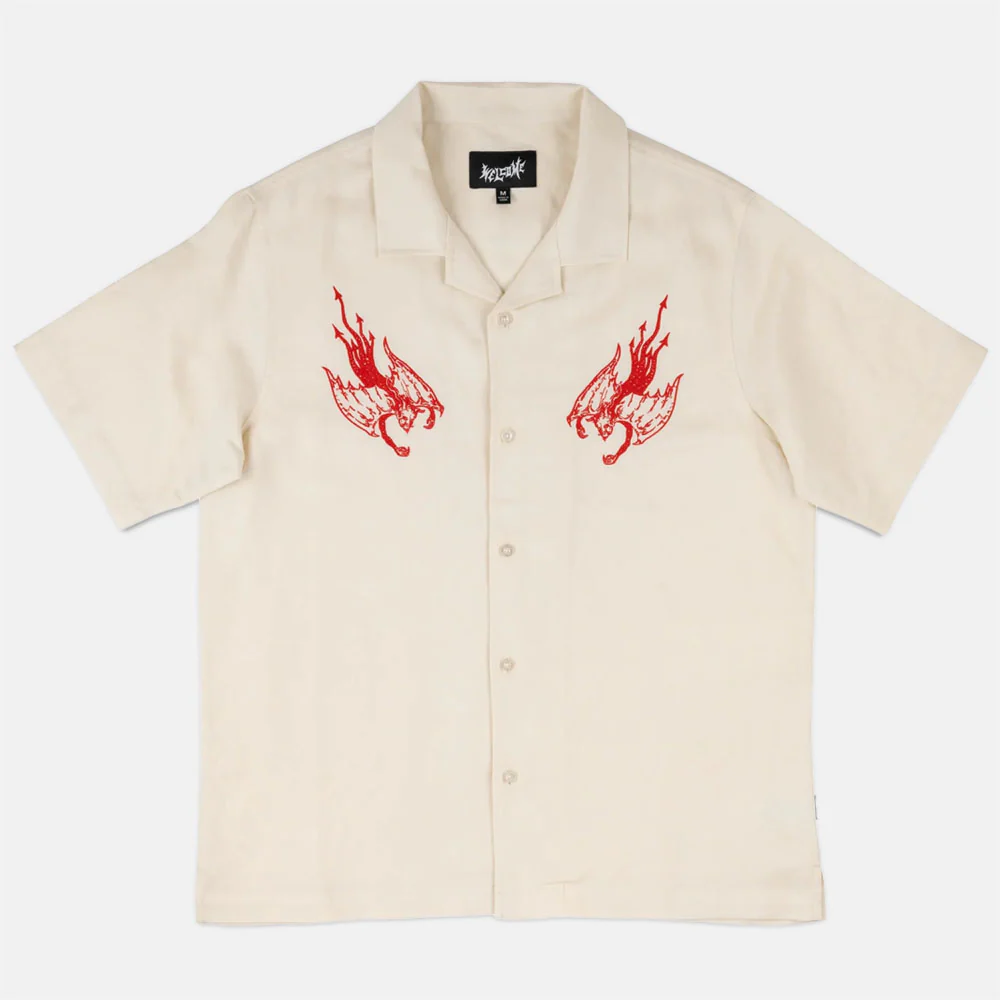 Welcome Skateboards - Hellion Embroidered Short Sleeve Linen Shirt - Bone