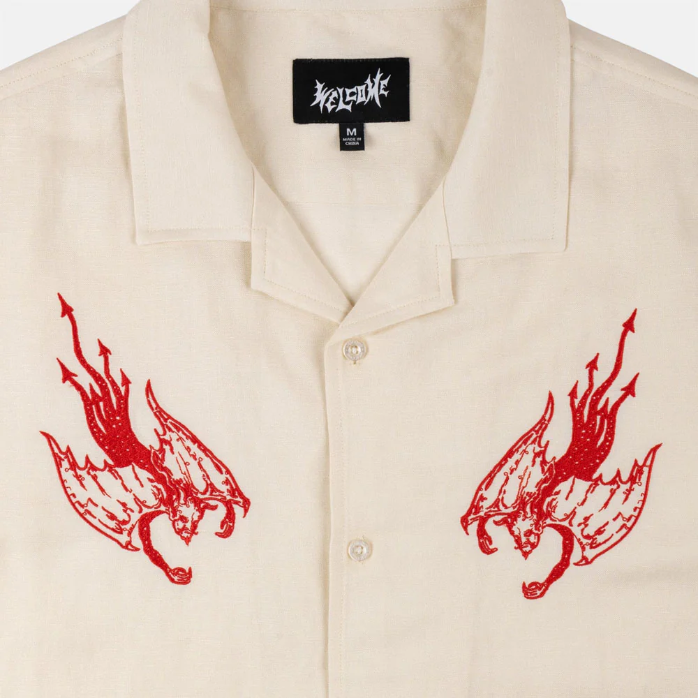 Welcome Skateboards - Hellion Embroidered Short Sleeve Linen Shirt - Bone - Image 2